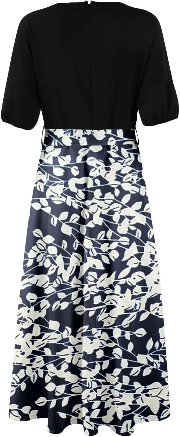 ZEFOTIM Long Dresses for Women Casual Sexy Floral Dress Short Sleeve V Neck Dresses with Slit