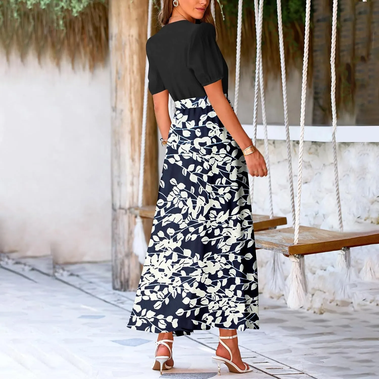 ZEFOTIM Long Dresses for Women Casual Sexy Floral Dress Short Sleeve V Neck Dresses with Slit