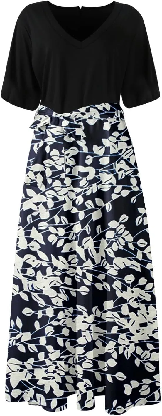 ZEFOTIM Long Dresses for Women Casual Sexy Floral Dress Short Sleeve V Neck Dresses with Slit