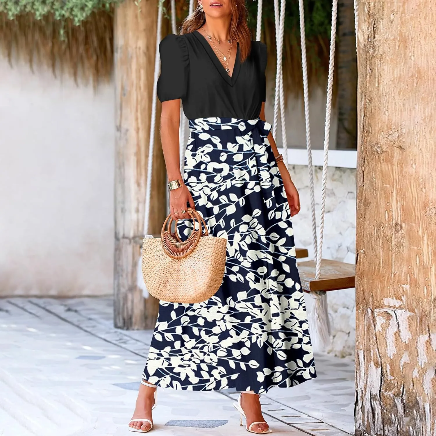 ZEFOTIM Long Dresses for Women Casual Sexy Floral Dress Short Sleeve V Neck Dresses with Slit
