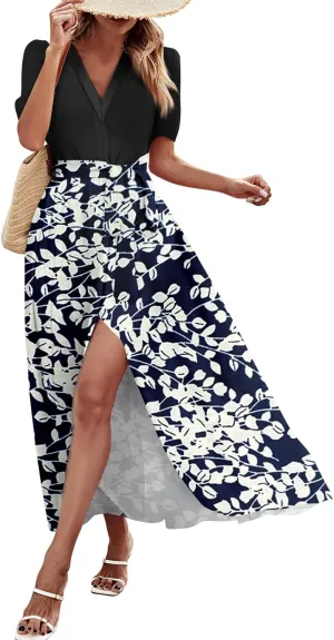 ZEFOTIM Long Dresses for Women Casual Sexy Floral Dress Short Sleeve V Neck Dresses with Slit